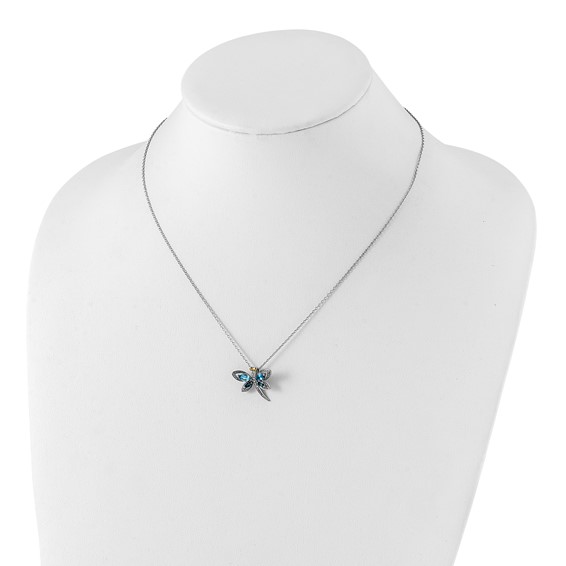 Brilliant Gemstones Sterling Silver with 14K Accent Rhodium-plated Light Blue Topaz and London Blue Topaz and Diamond Dragonfly 18 Inch Necklace with 2 Inch Extender