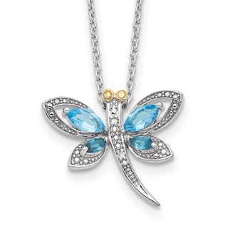 Brilliant Gemstones Sterling Silver with 14K Accent Rhodium-plated Light Blue Topaz and London Blue Topaz and Diamond Dragonfly 18 Inch Necklace with 2 Inch Extender