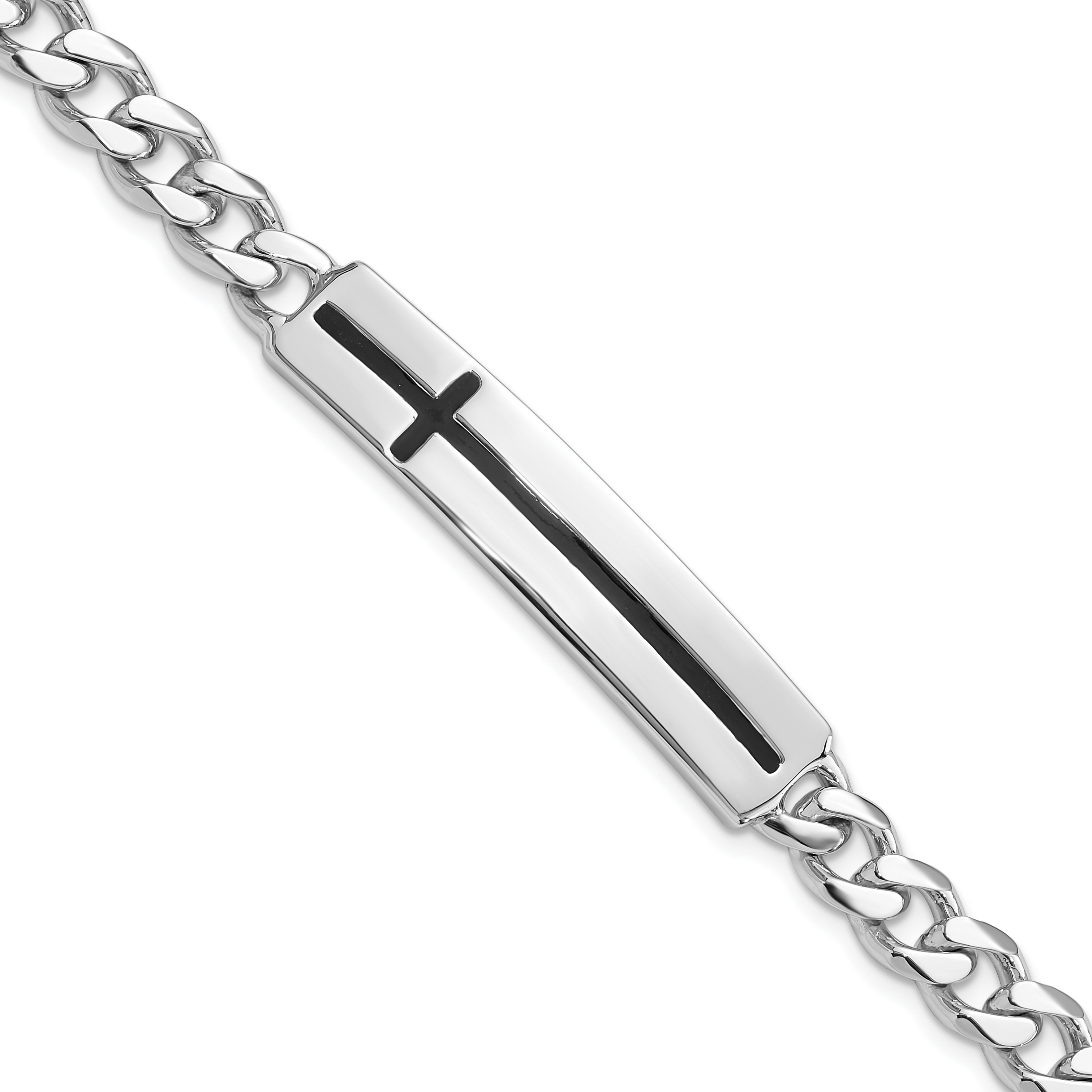 Sterling Silver Rhodium-plated Enameled Cross on Bar Men's 8in Bracelet (QG6237-8)