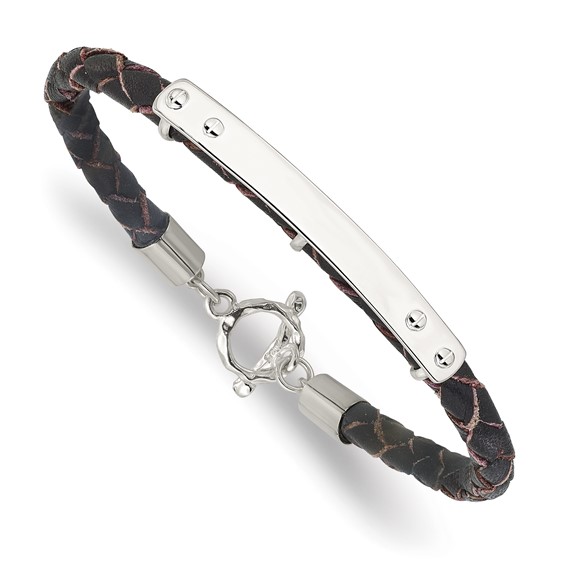 Sterling Silver Genuine Leather ID 8in Toggle Bracelet