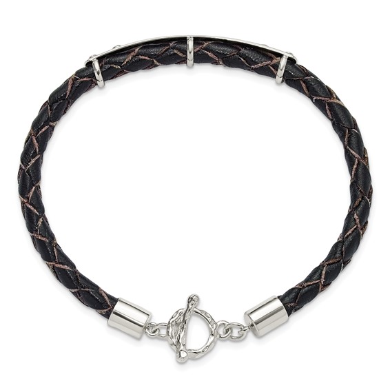 Sterling Silver Genuine Leather ID 8in Toggle Bracelet