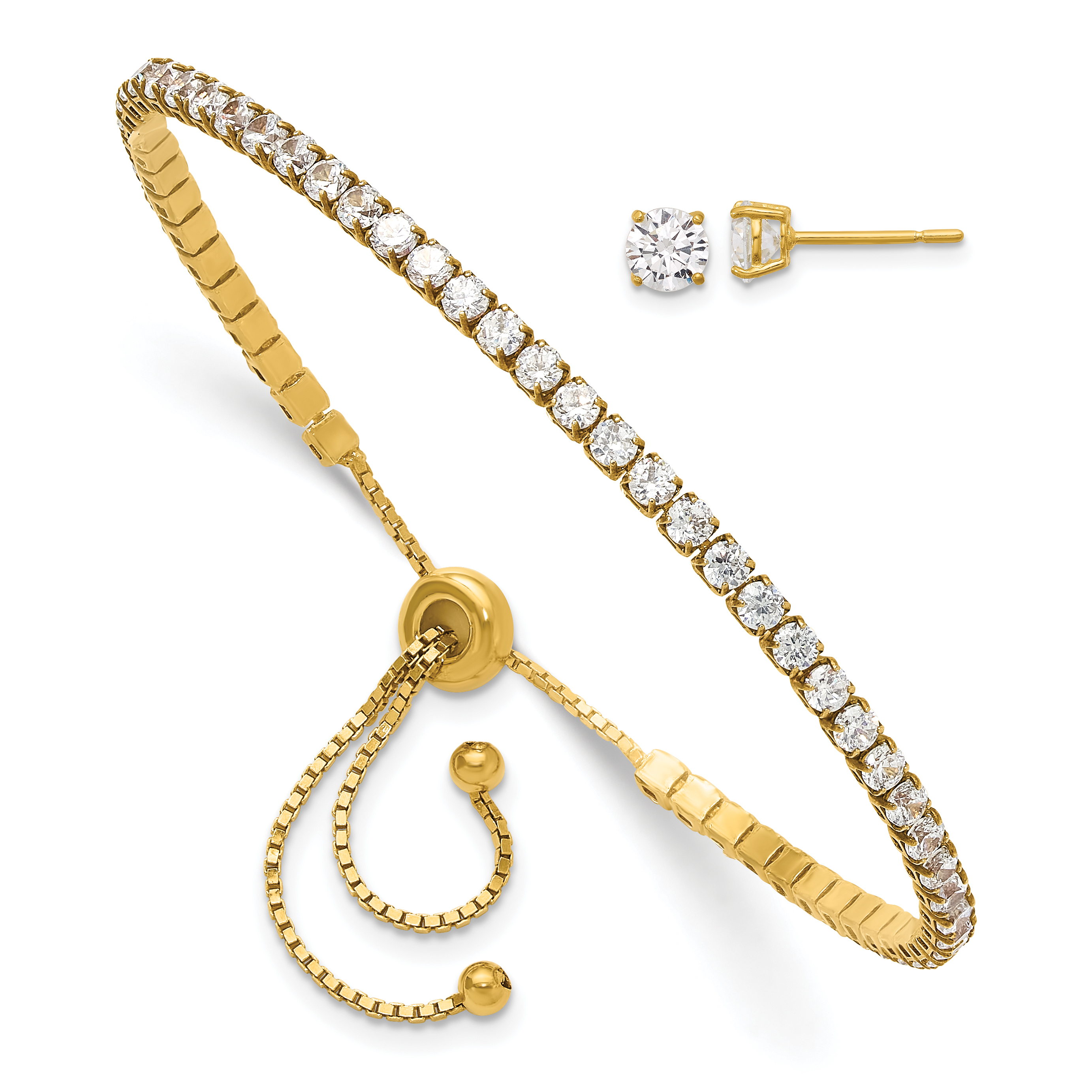 Sterling Silver Gold-tone CZ Adjustable Bracelet and Post Earring Set (QG6243GPSET)