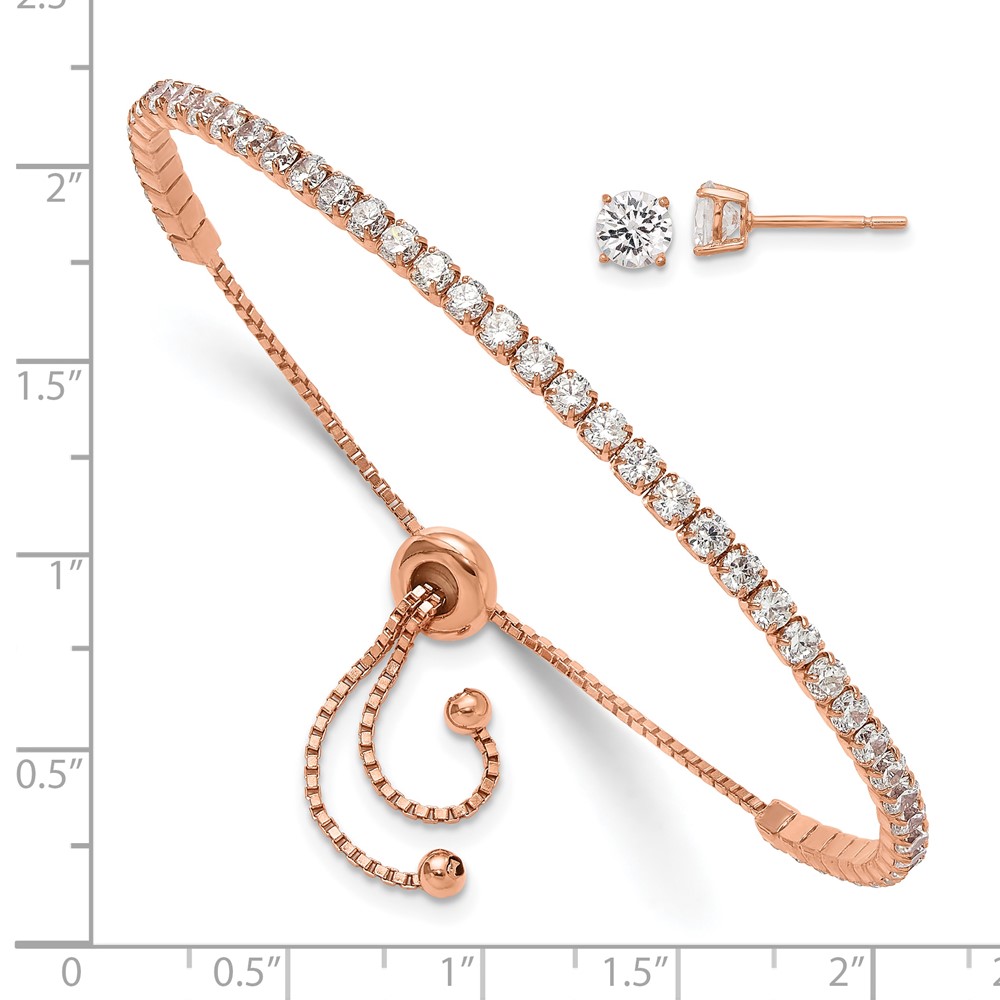 Sterling Silver Rose-tone CZ Adjustable Bracelet and Earring Set (QG6243RPSET)