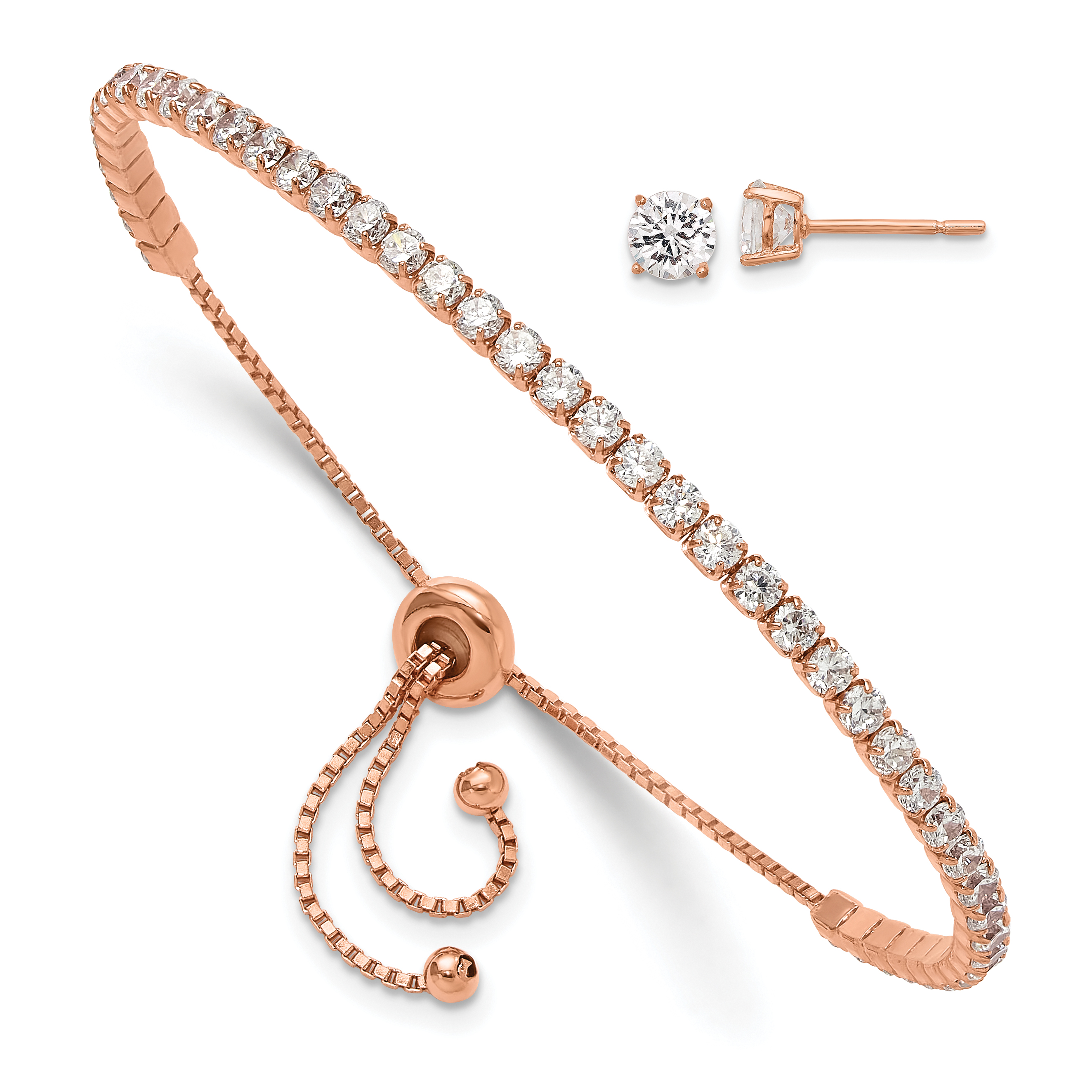 Sterling Silver Rose-tone CZ Adjustable Bracelet and Earring Set (QG6243RPSET)