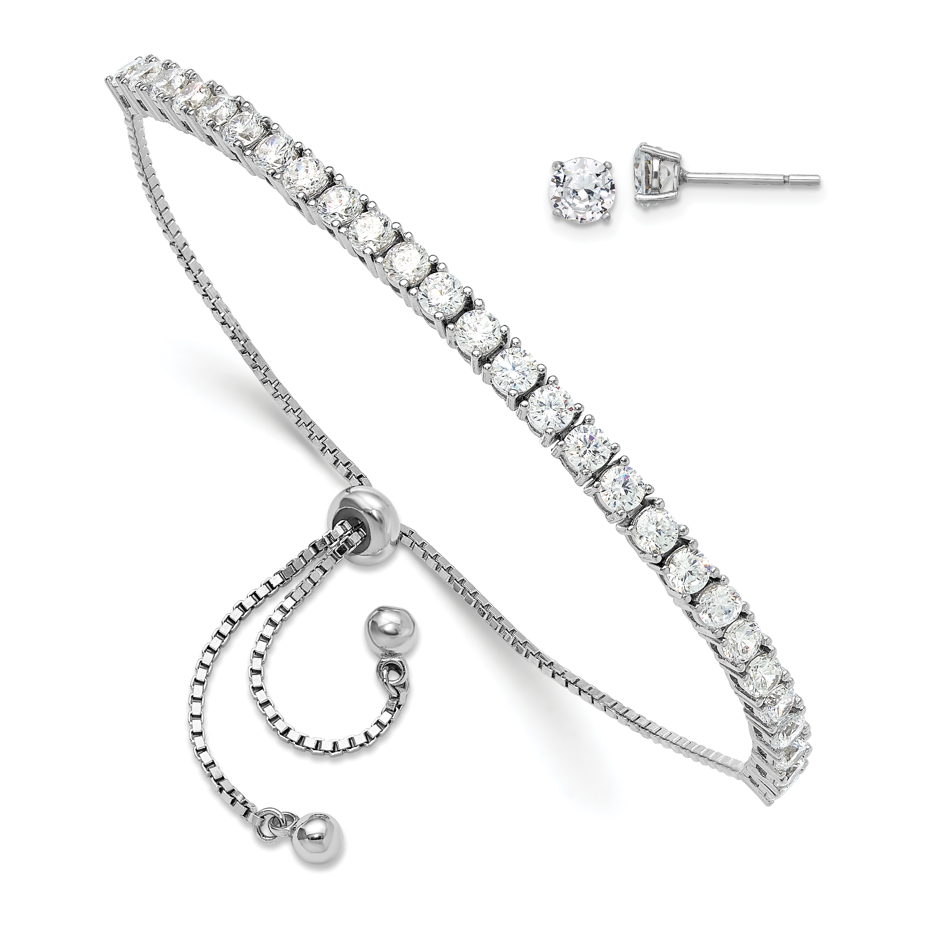 Sterling Silver Rhodium-plated CZ Adjustable Bracelet and Post Earring Set (QG6243SET)