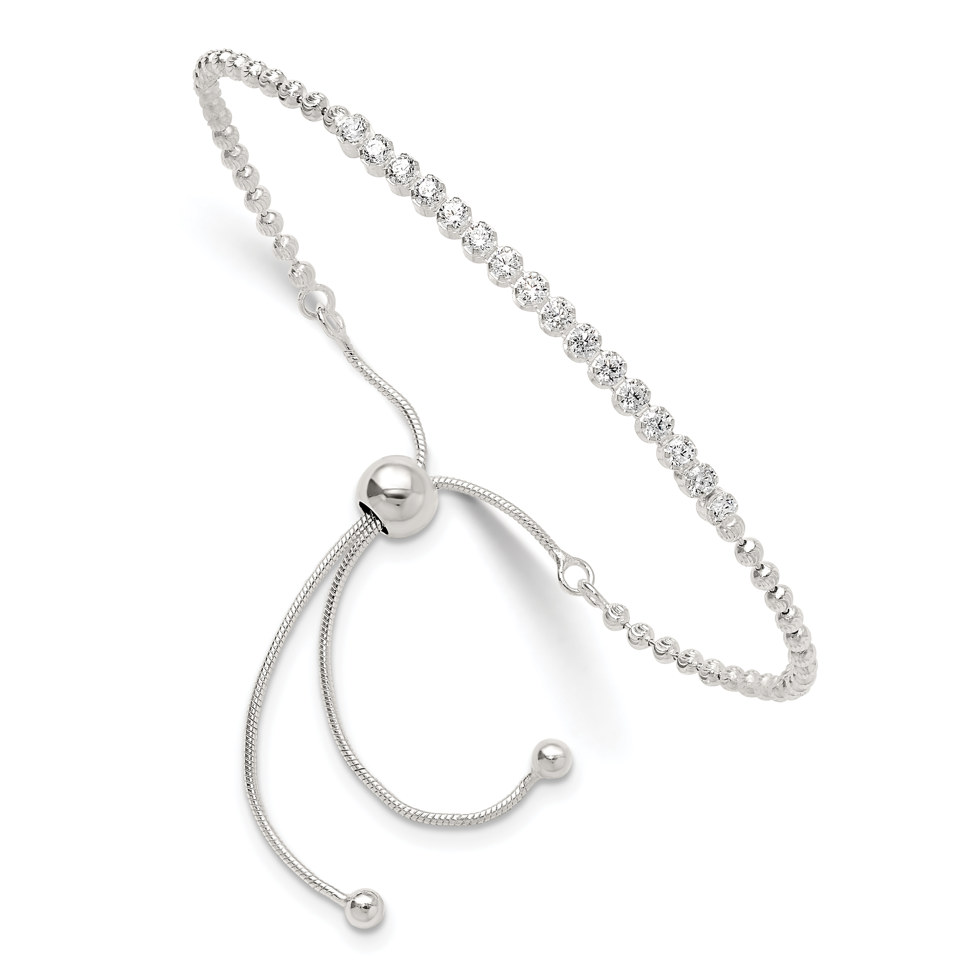 Sterling Silver Polished D/C with CZ Adjustable Bracelet (QG6245)