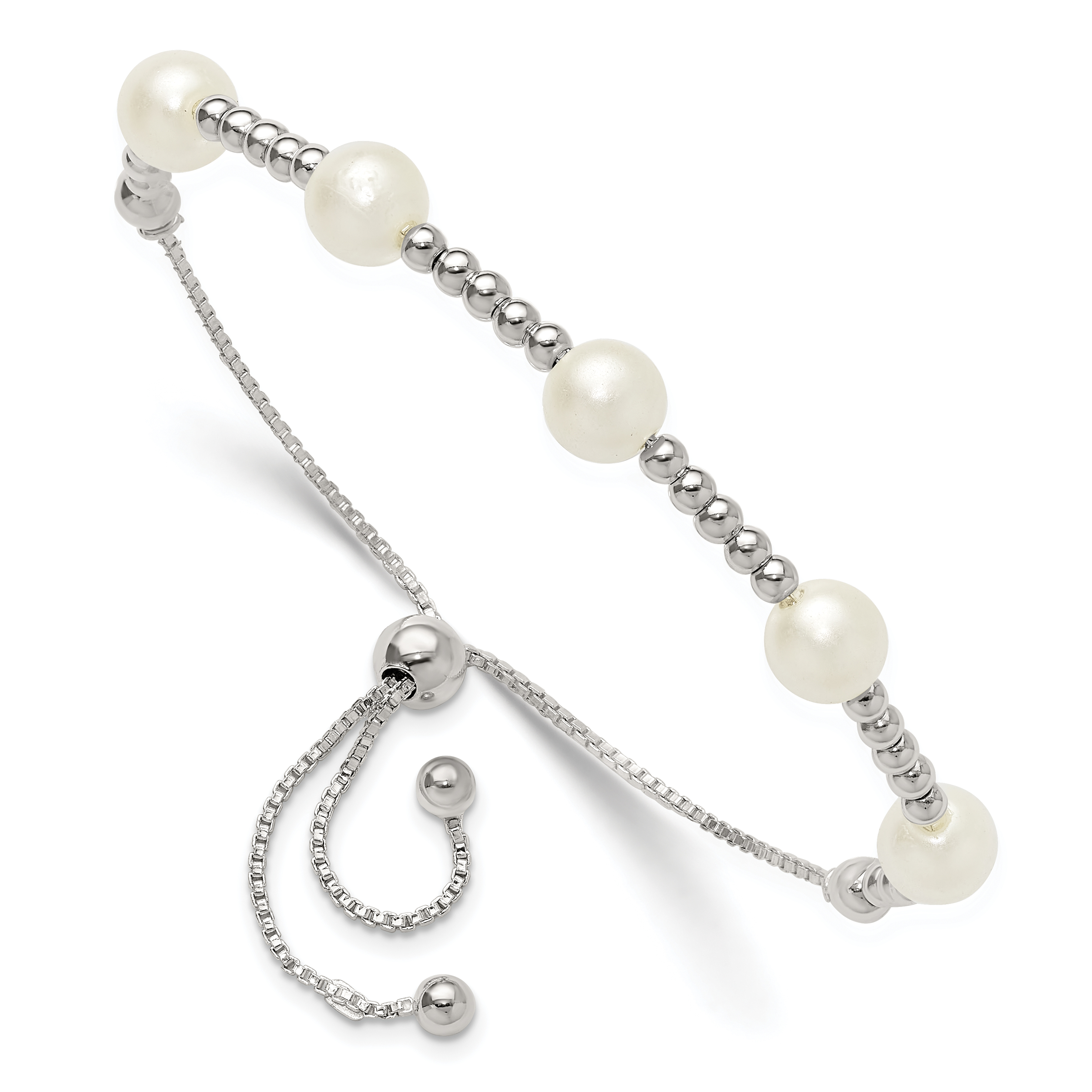 Sterling Silver Polished Beaded and Synthetic Pearl Adjustable Bracelet (QG6247)