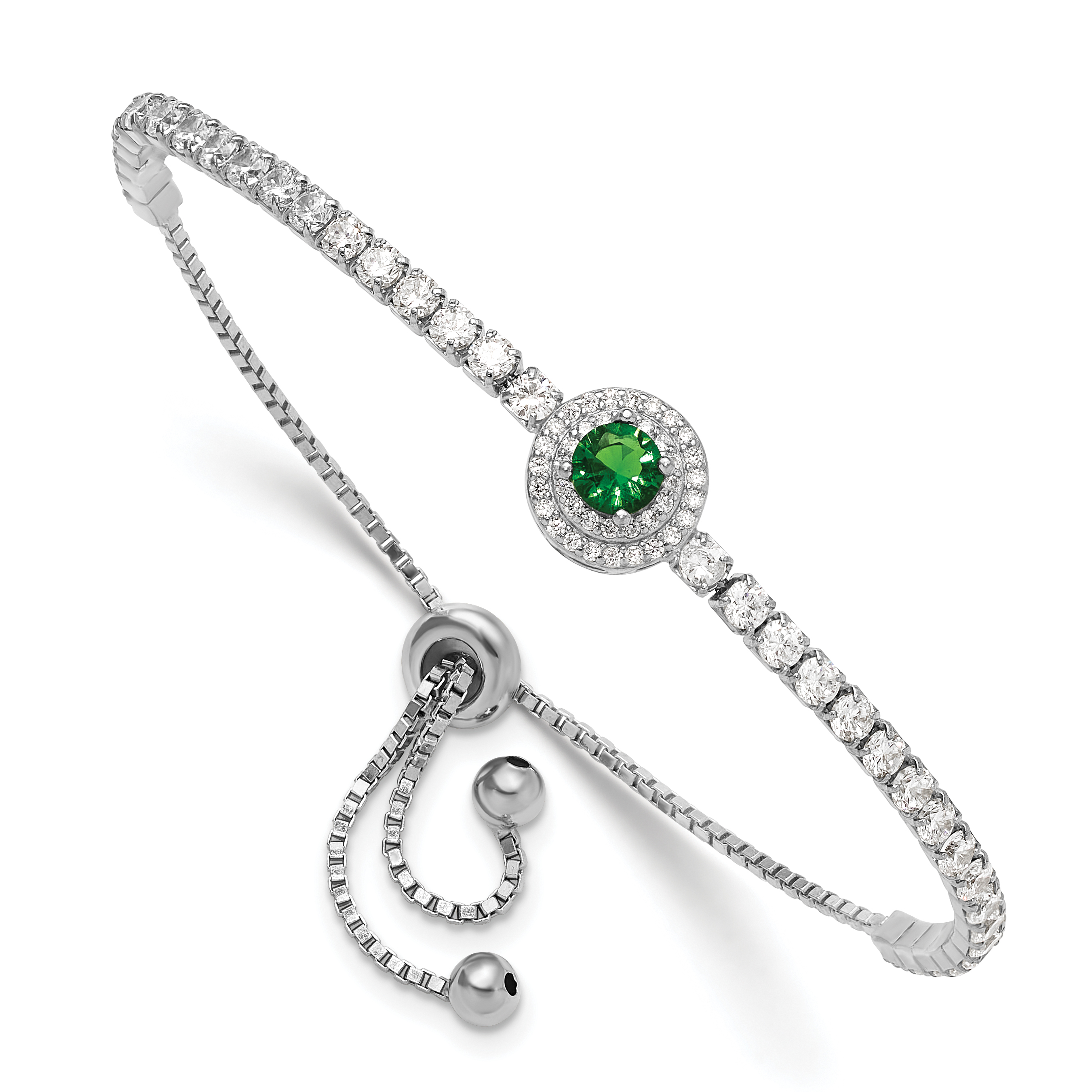 Sterling Silver Rhodium-plated CZ and Green Glass Adjustable Bracelet (QG6250)