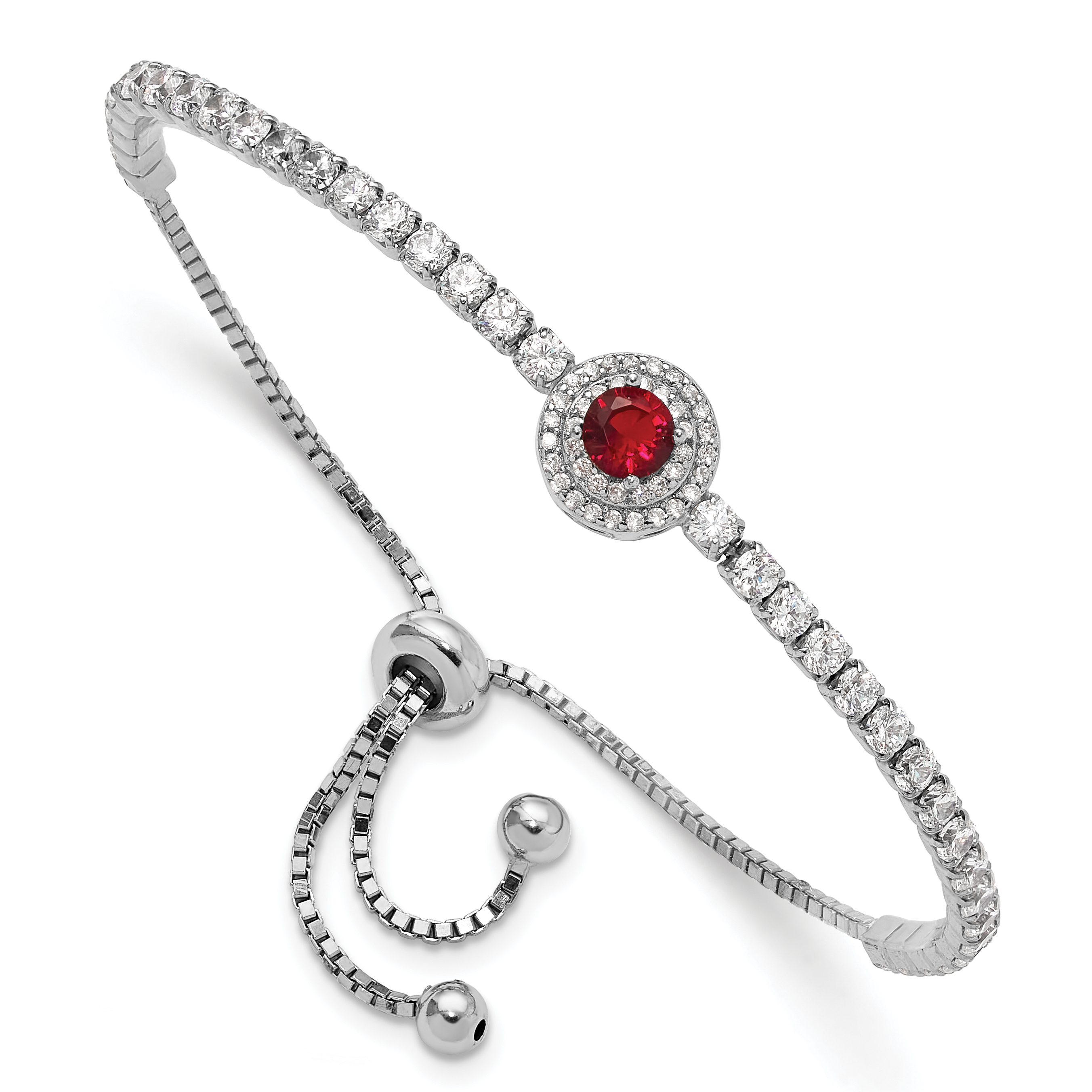 Sterling Silver Rhodium-plated CZ and Red Glass Adjustable Bracelet (QG6251)