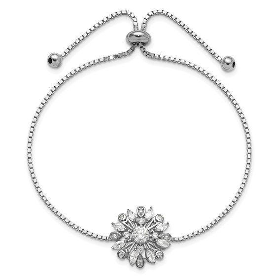 Sterling Silver Rhodium-plated Floral CZ Adjustable Bolo Bracelet