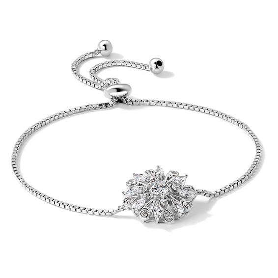 Sterling Silver Rhodium-plated Floral CZ Adjustable Bolo Bracelet