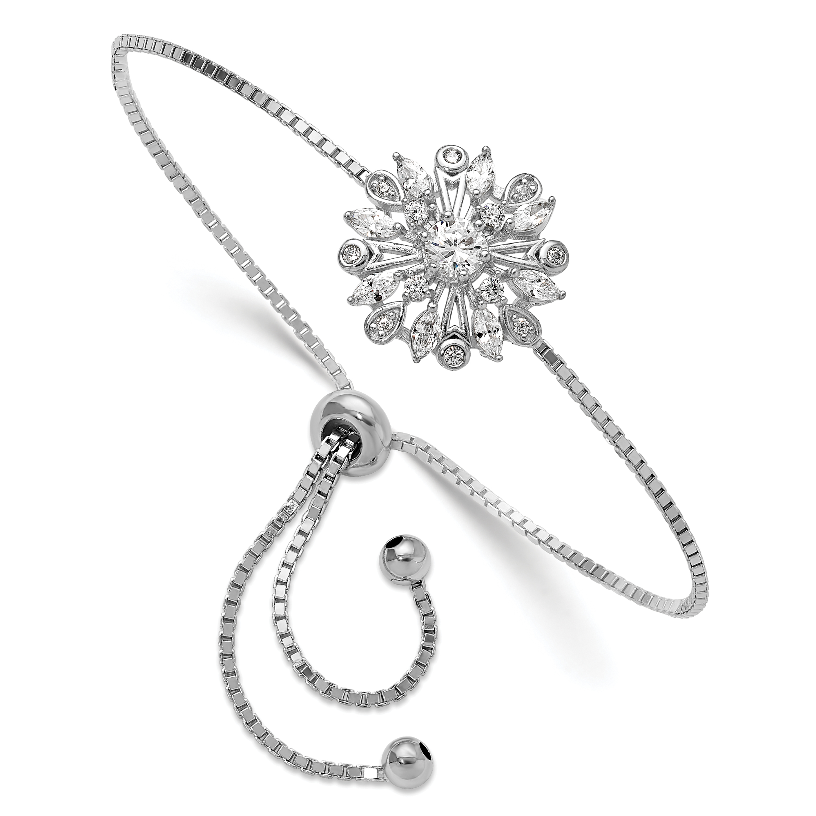 Sterling Silver Rhodium-plated Floral CZ Adjustable Bolo Bracelet (QG6252)