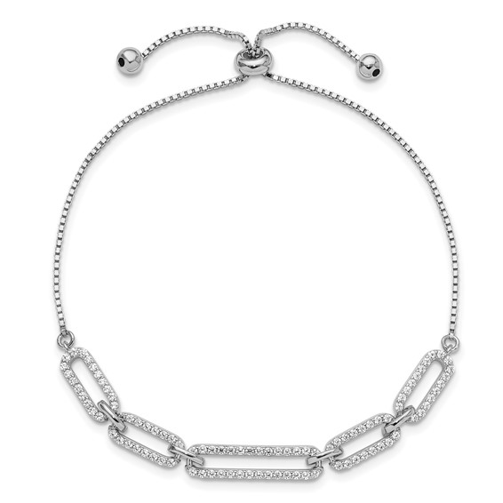 Sterling Silver Rhod-plated Paperclip Link CZ Adjustable Bracelet