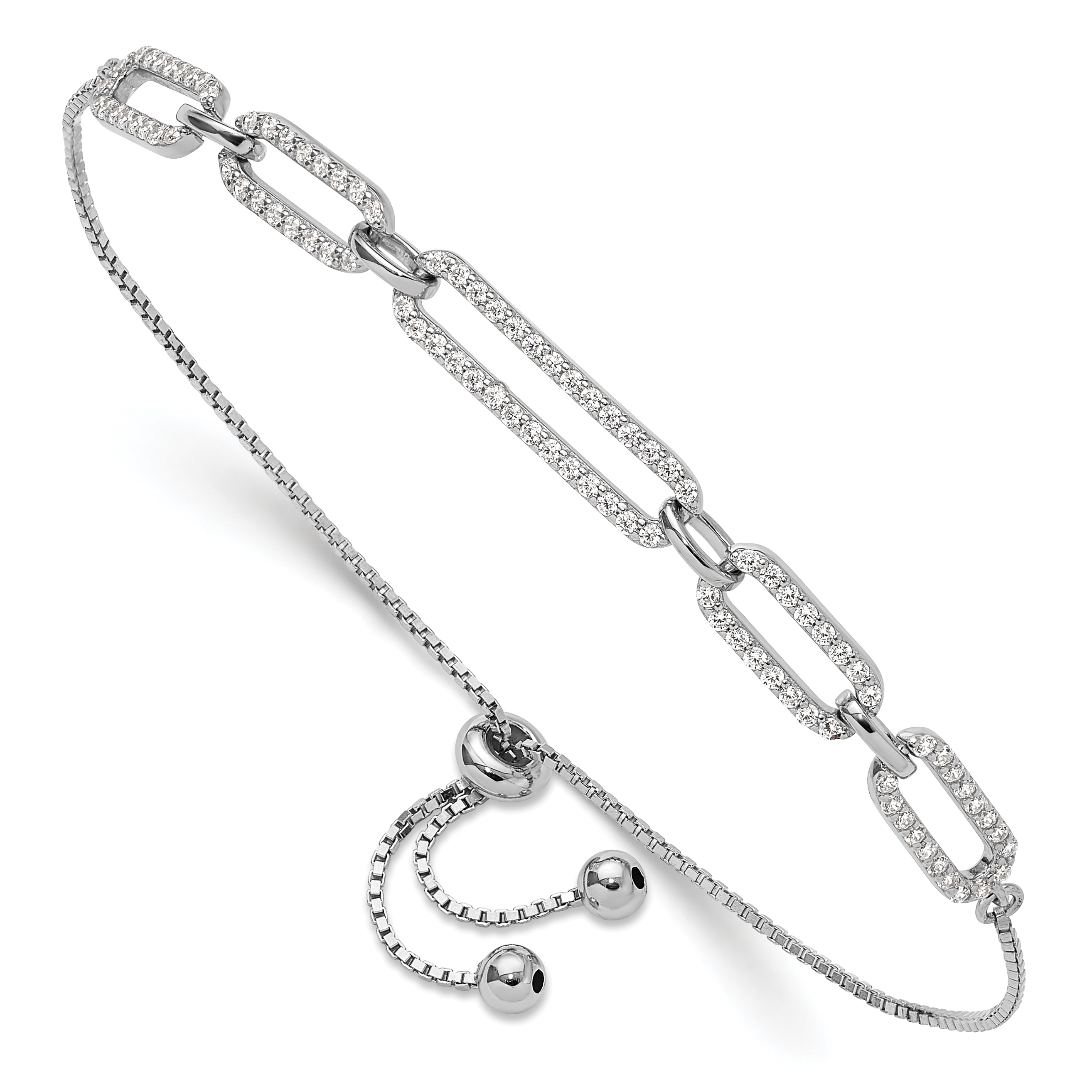 Sterling Silver Rhod-plated Paperclip Link CZ Adjustable Bracelet (QG6258)