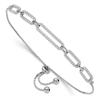 Sterling Silver Rhod-plated Paperclip Link CZ Adjustable Bracelet