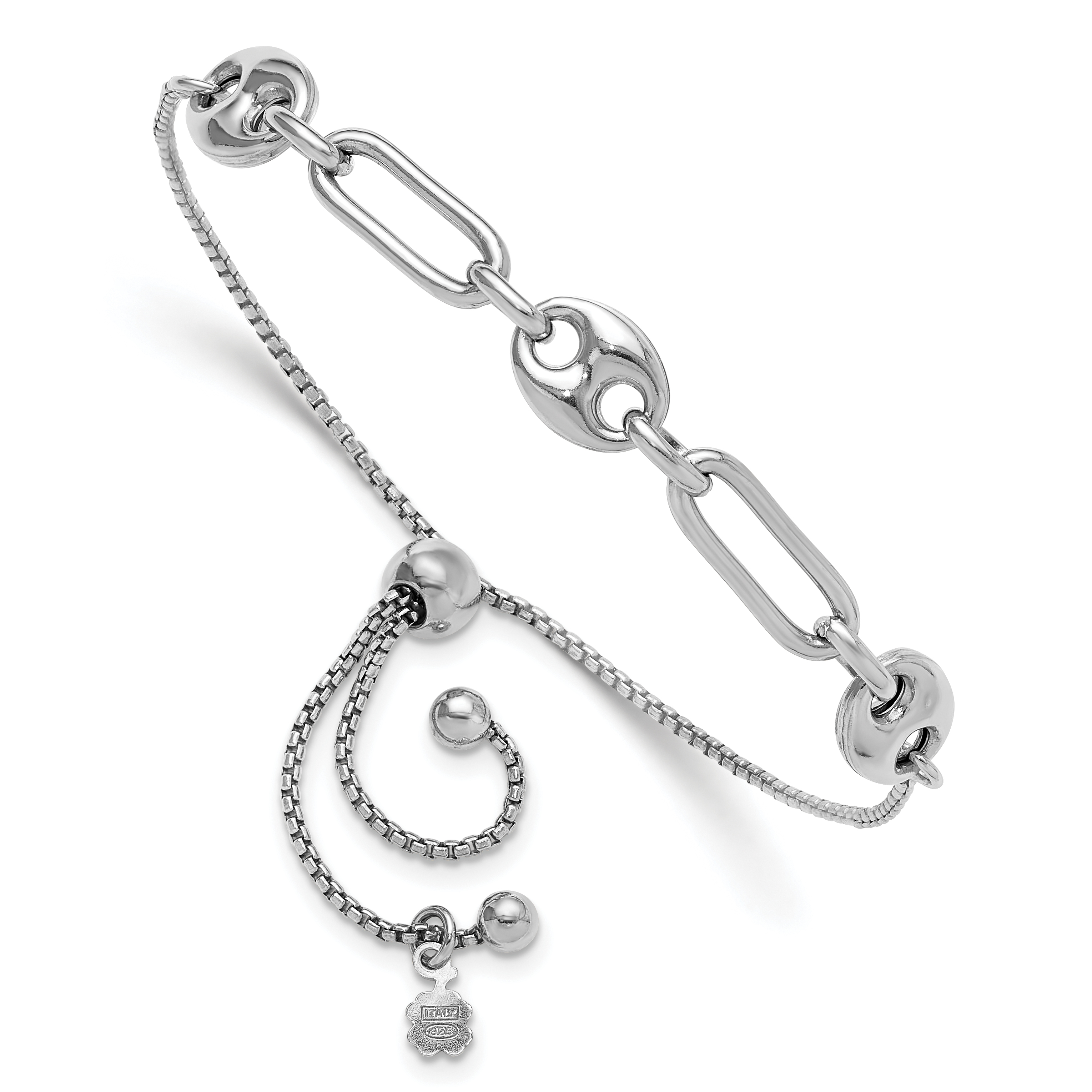 Sterling Silver Rhodium-plated Fancy Link Adjustable Bolo Bracelet (QG6260)