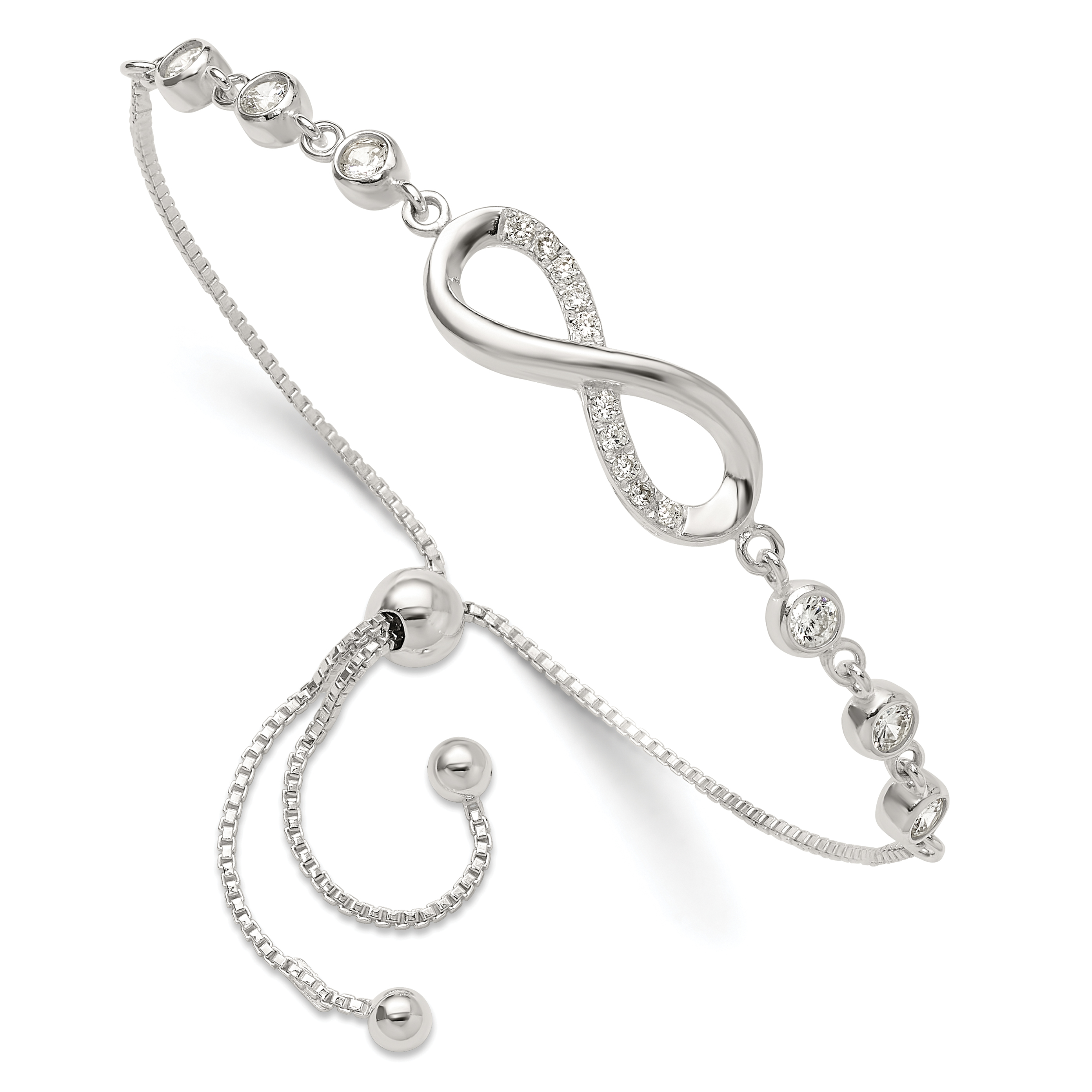 Sterling Silver Polished CZ Infinity Adjustable Bracelet (QG6268)