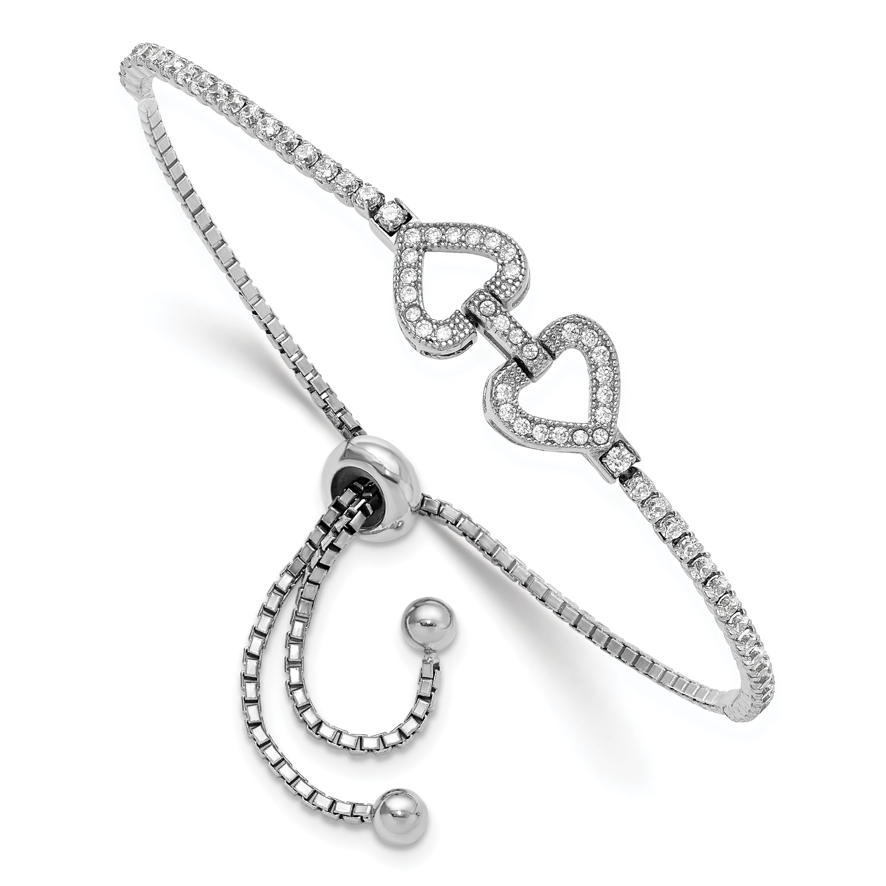 Sterling Silver Rhodium-plated CZ Linked Hearts Adjustable Bracelet (QG6269)