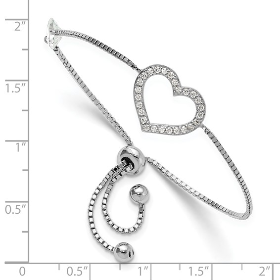 Sterling Silver Rhodium-plated Polished CZ Open Heart Adjustable Bracelet