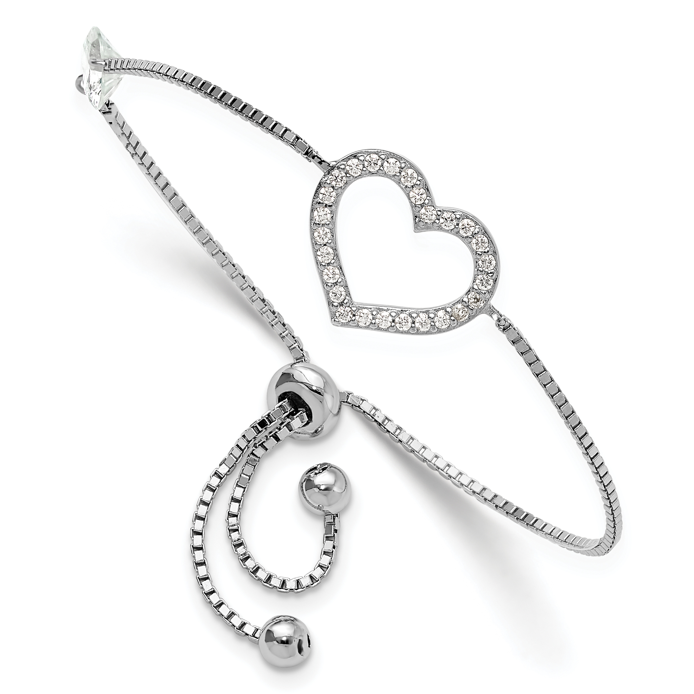 Sterling Silver Rhodium-plated Polished CZ Open Heart Adjustable Bracelet (QG6270)