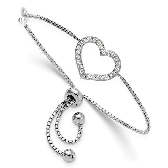 Sterling Silver Rhodium-plated Polished CZ Open Heart Adjustable Bracelet