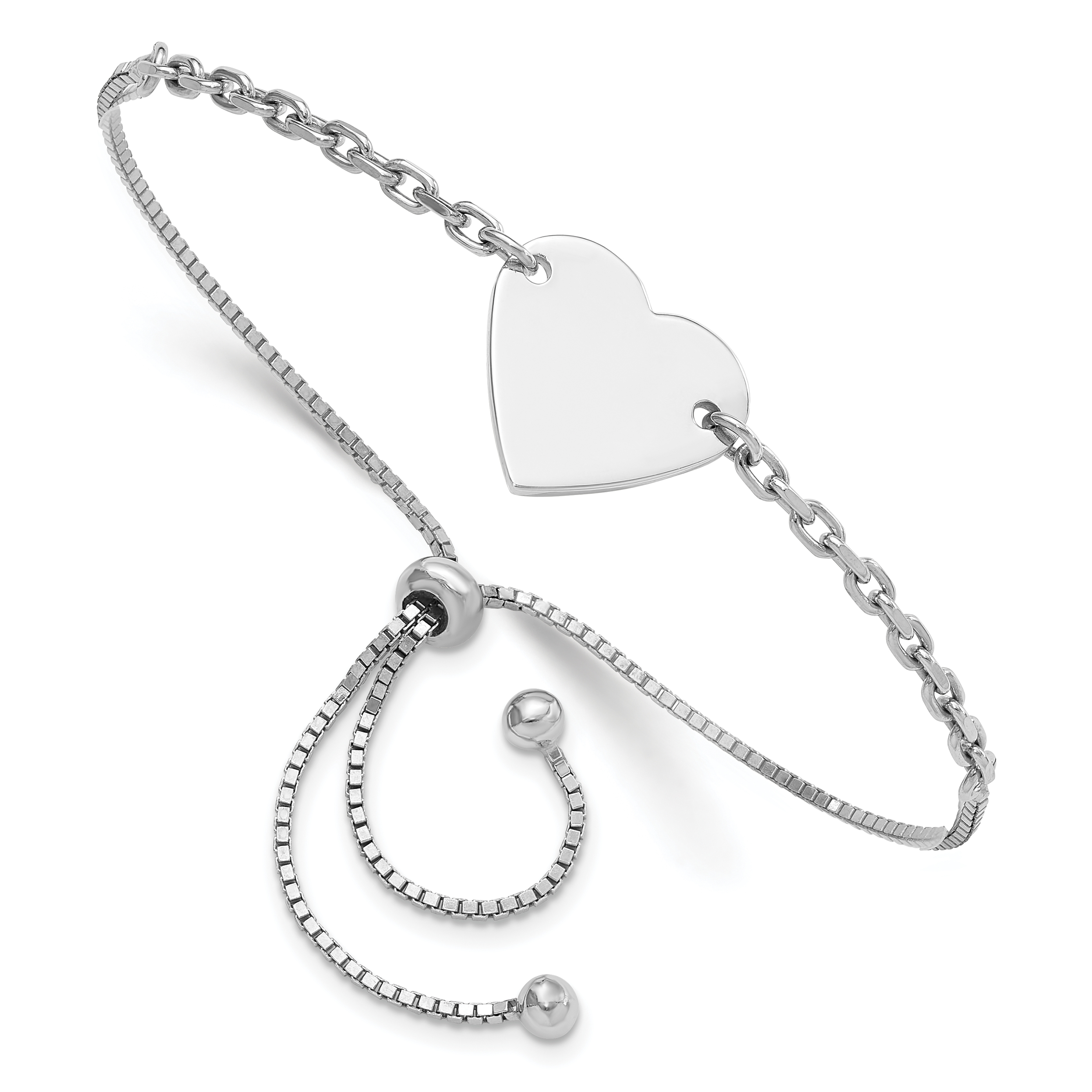 Sterling Silver Rhodium-plated Polished Heart Disc Adjustable Bracelet (QG6271)