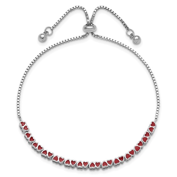 Sterling Silver Rhodium-plated Enameled Hearts Adjustable Bracelet