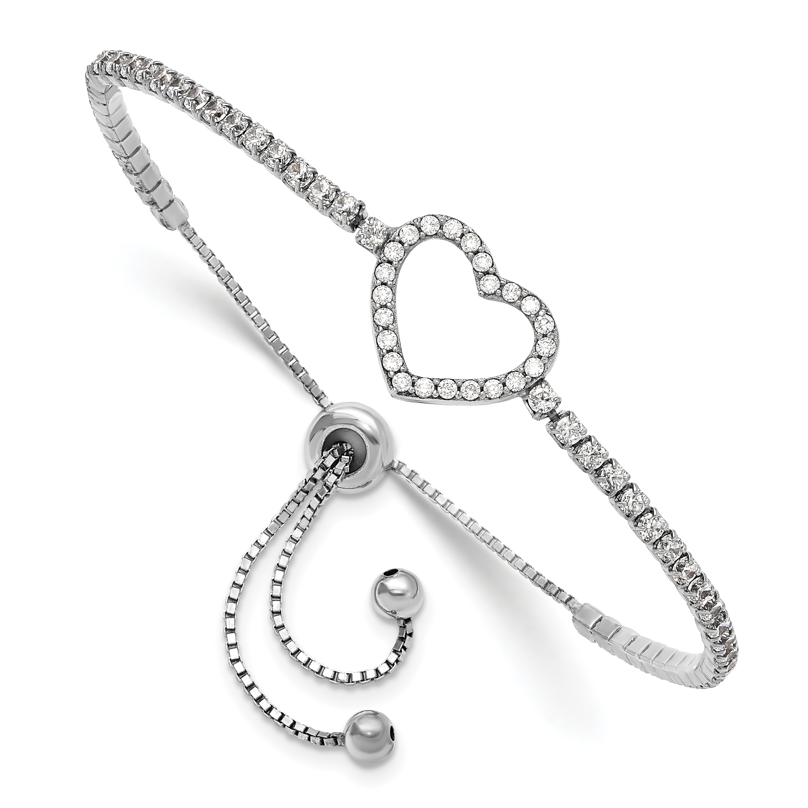 Sterling Silver Rhodium-plated CZ Heart Adjustable Bracelet (QG6275)