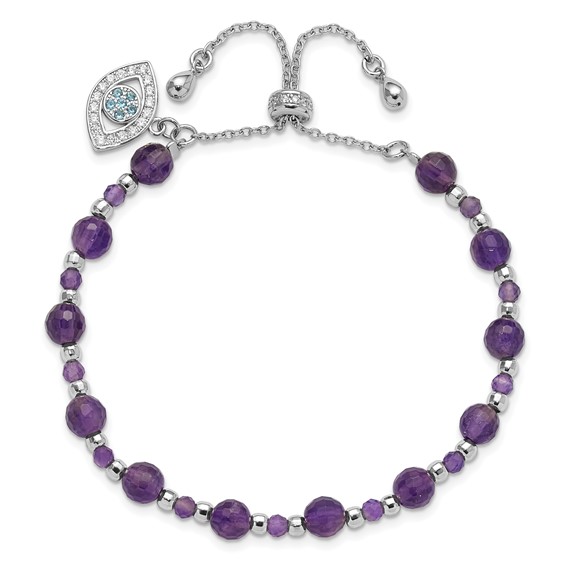 SS Rh-plated Amethyst and CZ and Blue Glass Adjustable Bracelet