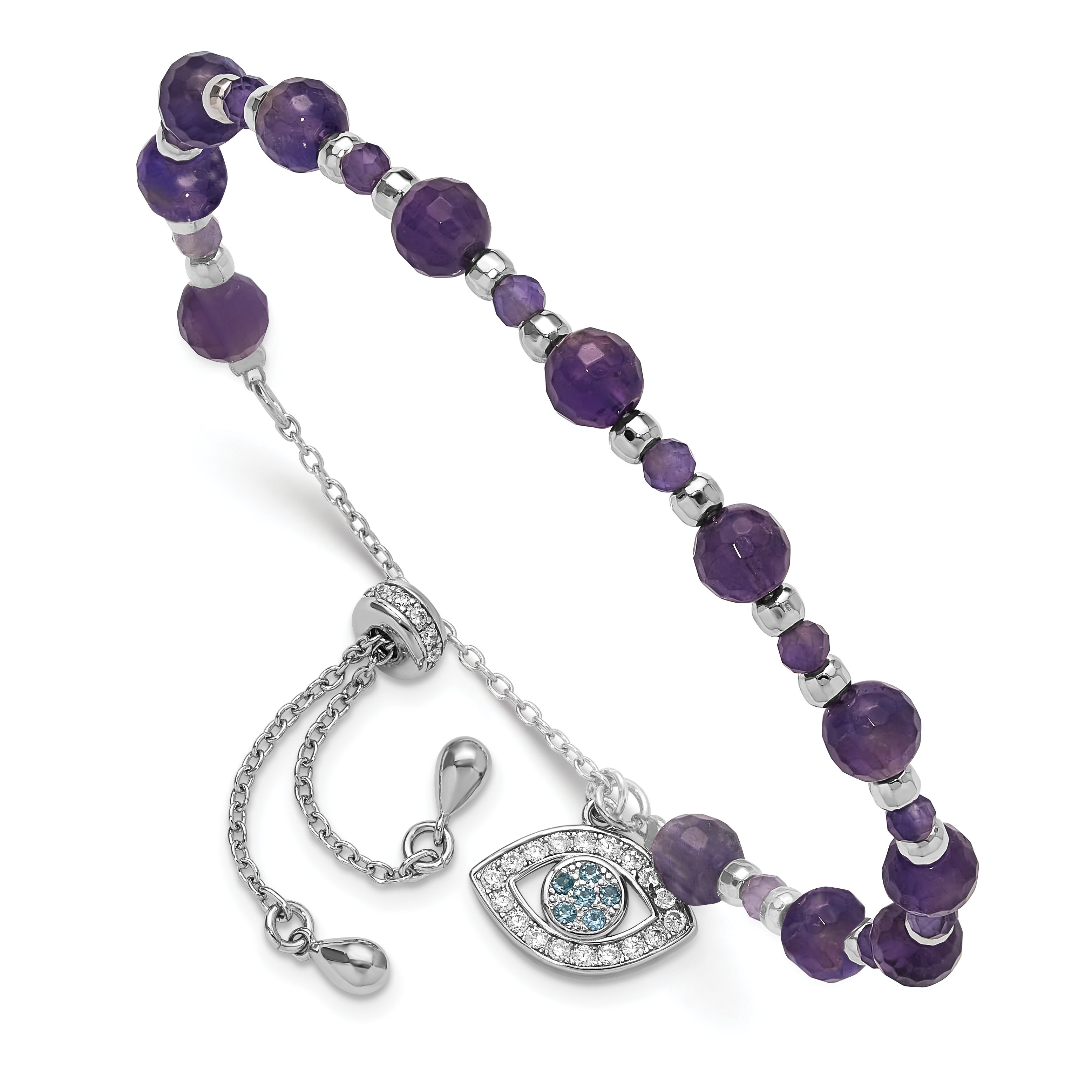 SS Rh-plated Amethyst and CZ and Blue Glass Adjustable Bracelet (QG6277)
