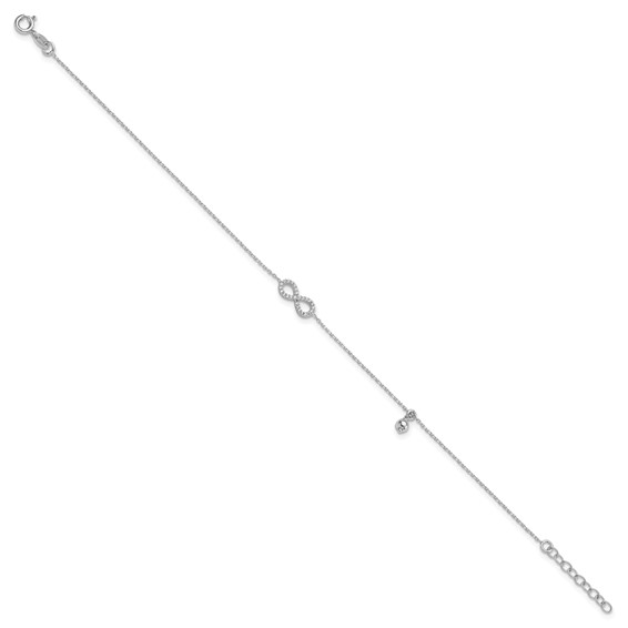 Sterling Silver Rhodium-plated CZ Infinity and Bead 9 inch Plus 1 inch Extender - Total 10 inch Anklet