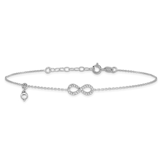 Sterling Silver Rhodium-plated CZ Infinity and Bead 9 inch Plus 1 inch Extender - Total 10 inch Anklet