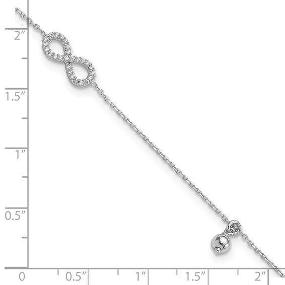 Sterling Silver Rhodium-plated CZ Infinity and Bead 9 inch Plus 1 inch Extender - Total 10 inch Anklet