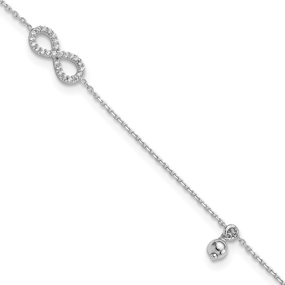 Sterling Silver Rhodium-plated CZ Infinity and Bead 9 inch Plus 1 inch Extender - Total 10 inch Anklet
