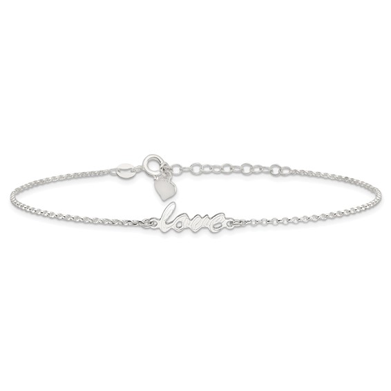 Sterling Silver LOVE Script 9 inch Plus 1 inch Extender - Total 10 inch Anklet