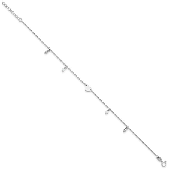 Sterling Silver Rhodium-plated Heart/Glass Beads 9 inch Plus 1 inch Extender - Total 10 inch Anklet