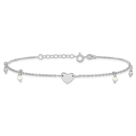 Sterling Silver Rhodium-plated Heart/Glass Beads 9 inch Plus 1 inch Extender - Total 10 inch Anklet