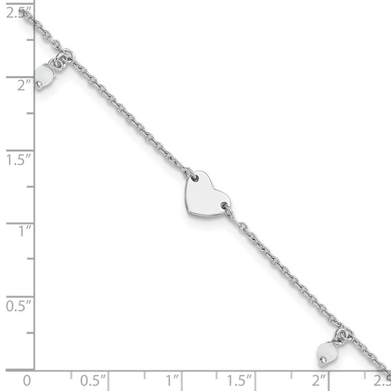 Sterling Silver Rhodium-plated Heart/Glass Beads 9 inch Plus 1 inch Extender - Total 10 inch Anklet