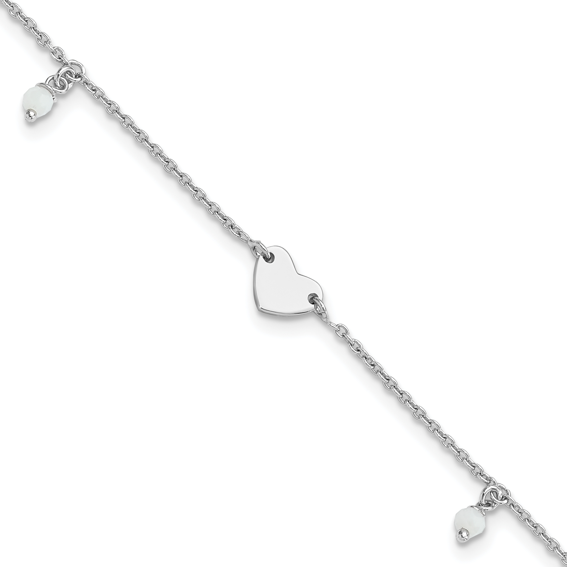 Sterling Silver Rhodium-plated Heart Glass Beads 9in Plus 1in ext Anklet (QG6283-9)
