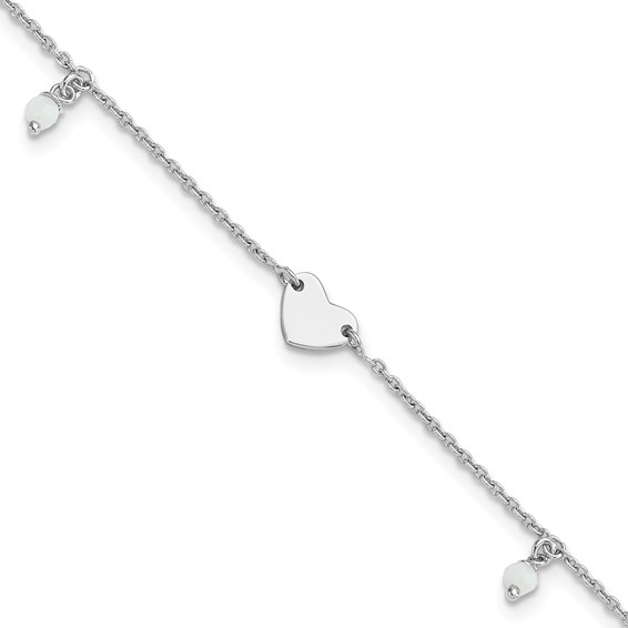 Sterling Silver Rhodium-plated Heart/Glass Beads 9 inch Plus 1 inch Extender - Total 10 inch Anklet