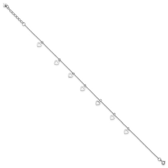 Sterling Silver Rhodium-plated Heart Charms 9.5 inch Plus 1 inch Extender - Total 10.5 inch Anklet