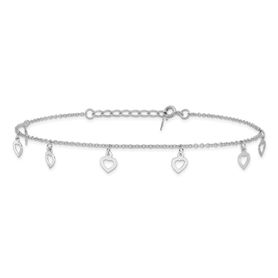 Sterling Silver Rhodium-plated Heart Charms 9.5 inch Plus 1 inch Extender - Total 10.5 inch Anklet