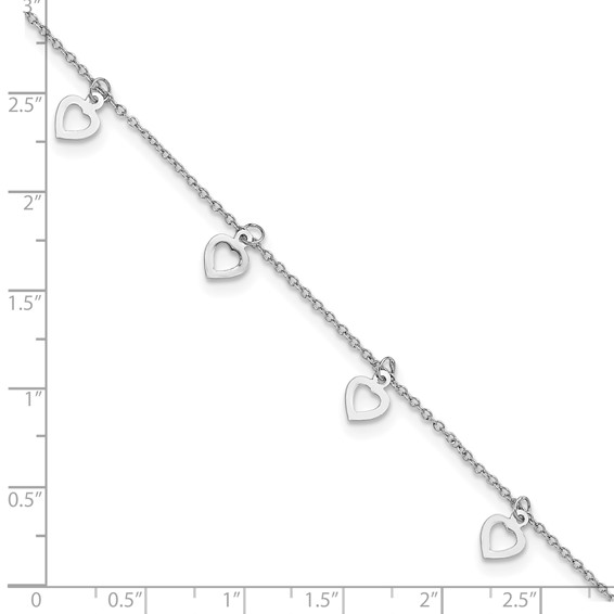 Sterling Silver Rhodium-plated Heart Charms 9.5 inch Plus 1 inch Extender - Total 10.5 inch Anklet