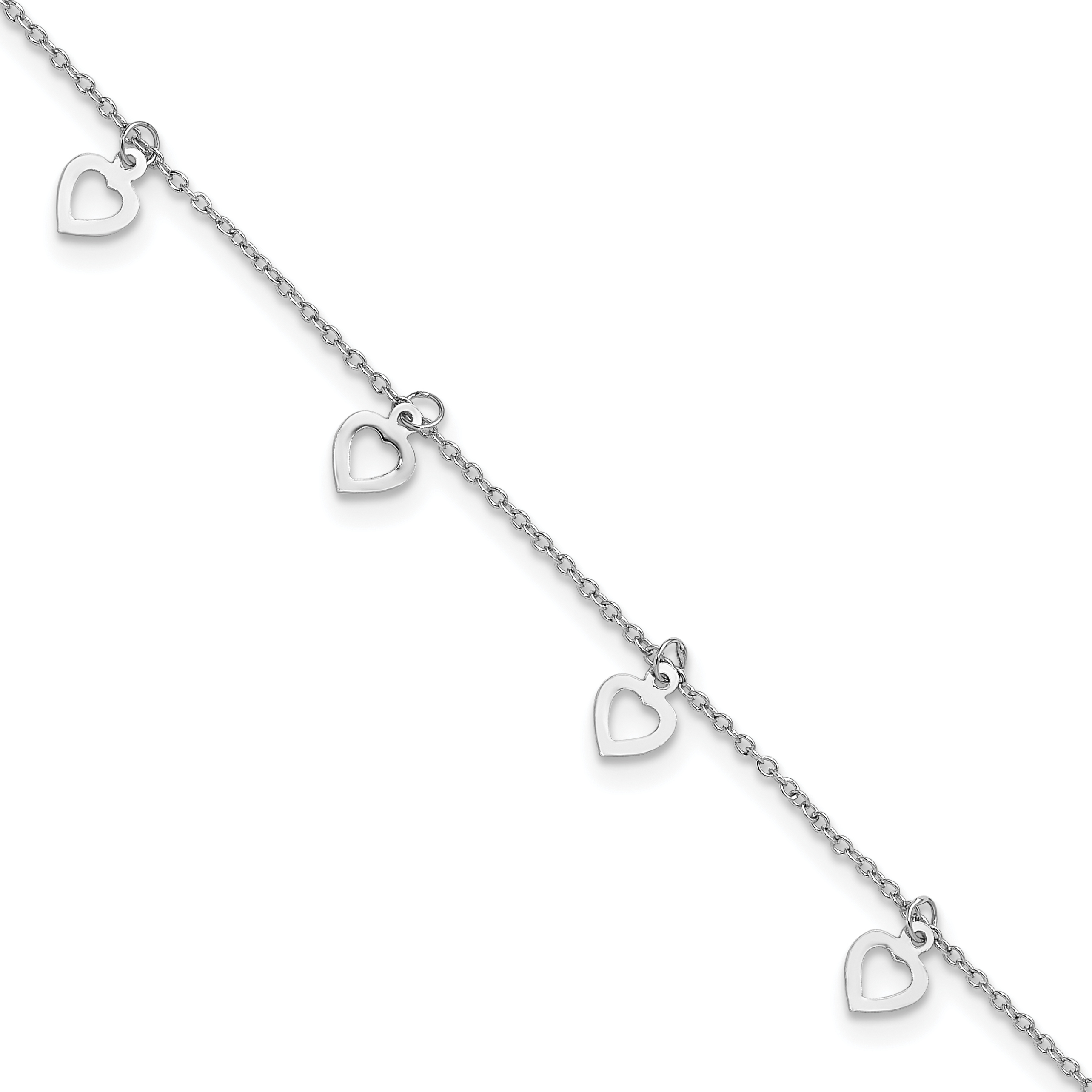Sterling Silver Rhodium-plated Polished Heart 9.5in Plus 1in ext. Anklet (QG6284-9.5)