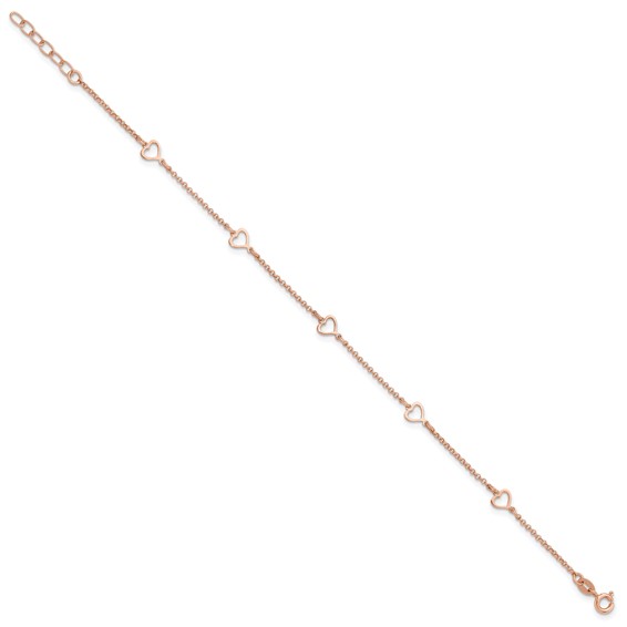 Sterling Silver Rose-tone Hearts 9 inch Plus 1 inch Extender - Total 10 inch Anklet