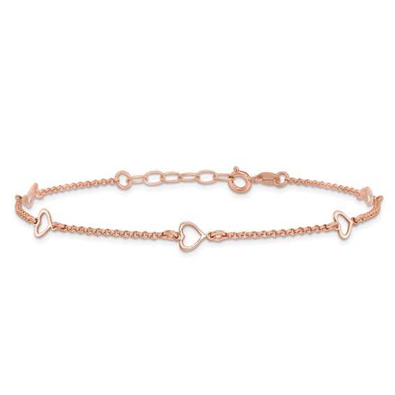 Sterling Silver Rose-tone Hearts 9 inch Plus 1 inch Extender - Total 10 inch Anklet