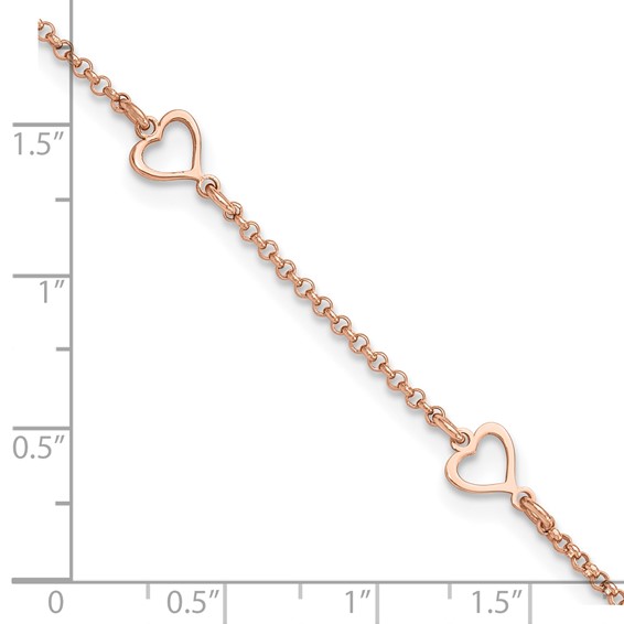 Sterling Silver Rose-tone Hearts 9 inch Plus 1 inch Extender - Total 10 inch Anklet