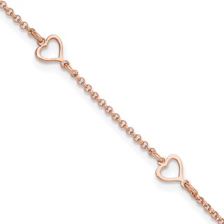 Sterling Silver Rose-tone Hearts 9 inch Plus 1 inch Extender - Total 10 inch Anklet