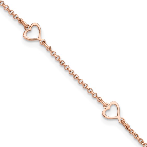 Sterling Silver Rose-tone Hearts 9 inch Plus 1 inch Extender - Total 10 inch Anklet