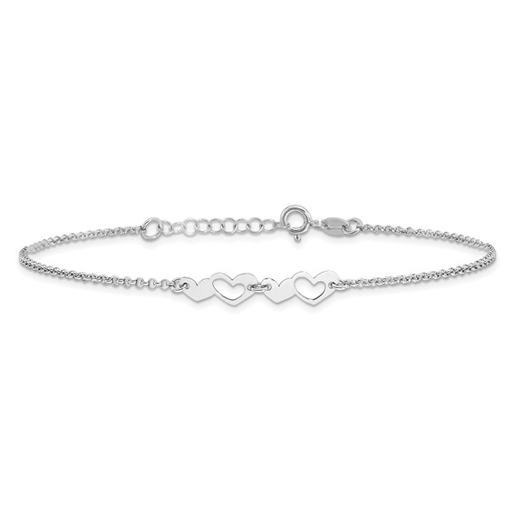 Sterling Silver Rhodium-plated Hearts 9 inch Plus 1 inch Extender - Total 10 inch Anklet